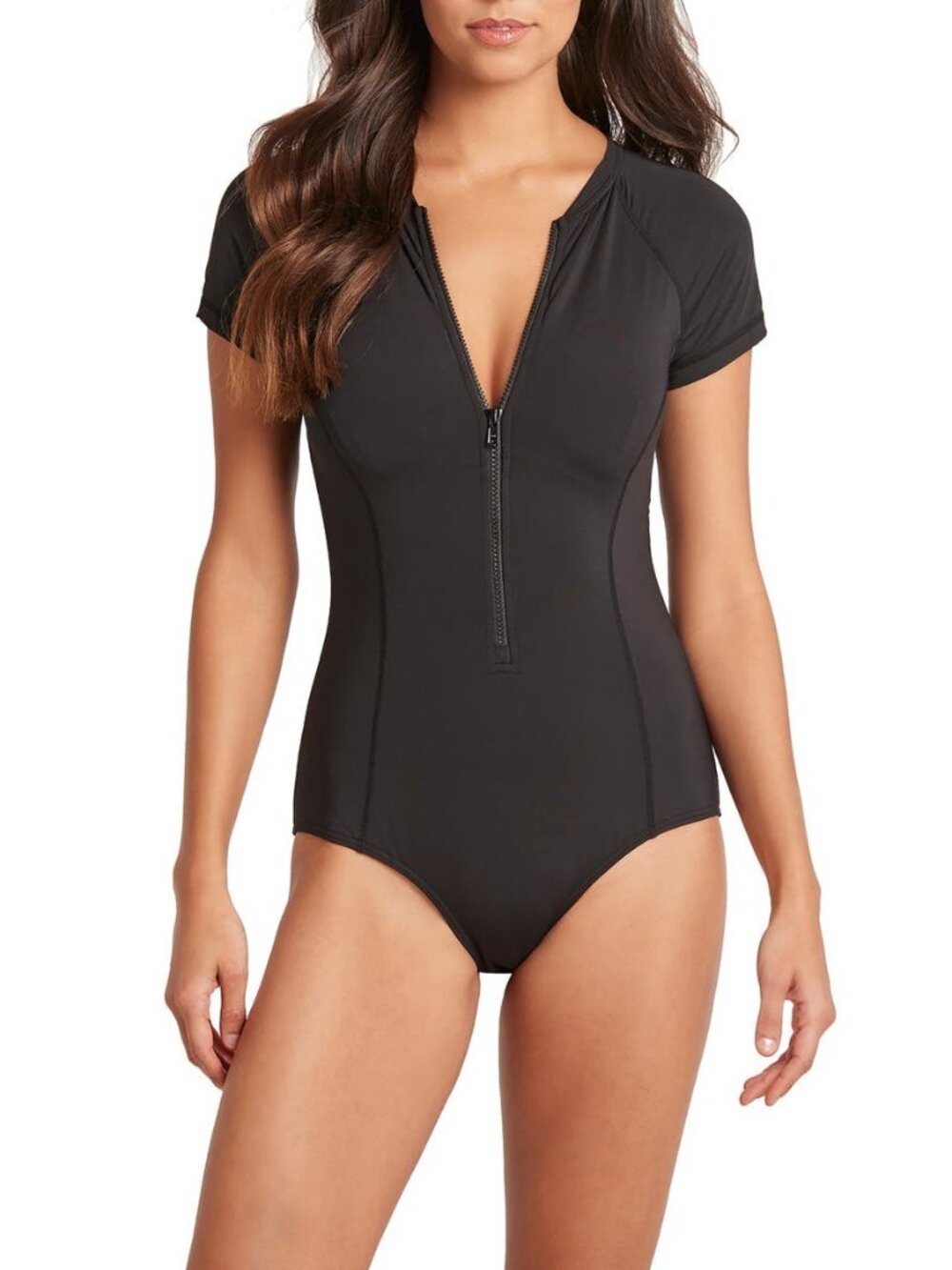 🆕SEA LEVEL Short Sleeve Multifit Zip Front Swimsuit Black 12